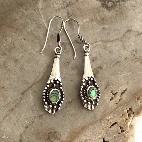 Sterling Silver 925 Dainty Abalone Elongated Dangle Drop Earrings - Picture 2 of 15